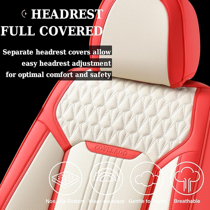 Coverado Seat Covers Full Set, Leather Car Seat Cover, Waterproof Car Seat Protector, Automotive Seat Covers Car Seat Cushion Universal Fit for Most Cars, Red&White