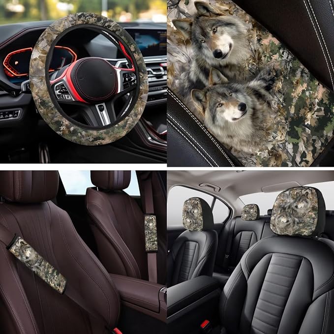 Bulopur Wolf Camo Hunting Vehicle Seat Covers Full Set with Steering Wheel Cover Comfortable Armrest Pad Easy to Install Car Seat Belt Covers 14 PCS Automotive Interior Decor Set