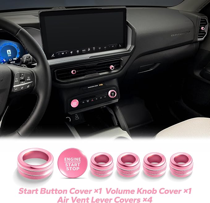 for 2025-2026 Ford Bronco Sport Accessories (Not for Bronco) 9PCS Aluminum Alloy Knob Cover Trim Set for Push Start, Volume, Air Vent Tabs, Headlight & Gear Shift Knob (Pink)