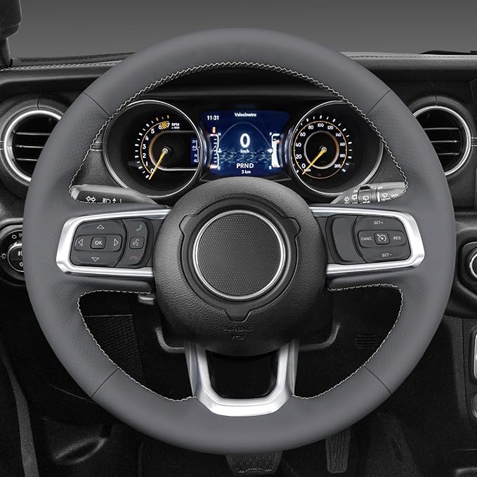 MEWANT Steering Wheel Cover for Jeep Gladiator (JT) 2020-2024 / Wrangler (JL) 2019-2024 / Wrangler Unlimited 2018-2023 Hand-Stitched Leather Car Steering Wrap for Jeep