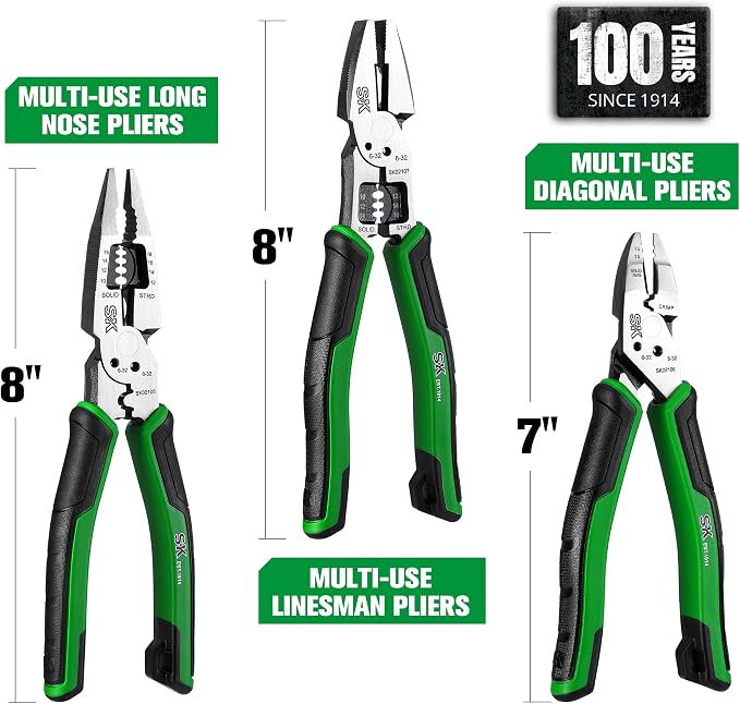 SK 3-Piece Multi-use Pliers Set, 7-Inch Diagonal Plier, 8-Inch Noodle Nose and Linesman Pliers, CR-V Construction, Anti-slip Handle, with EVA Foam Tool Organizer