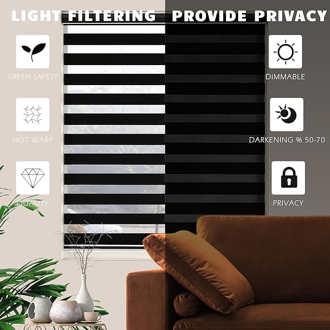 Blackout Zebra Blinds, Dual Layer Free-Stop, Room Darkening Zebra Shades, Blinds for Indoor Windows, Light Filtering Privacy Sheer Shade for Home(39" W X 72" H, Black)