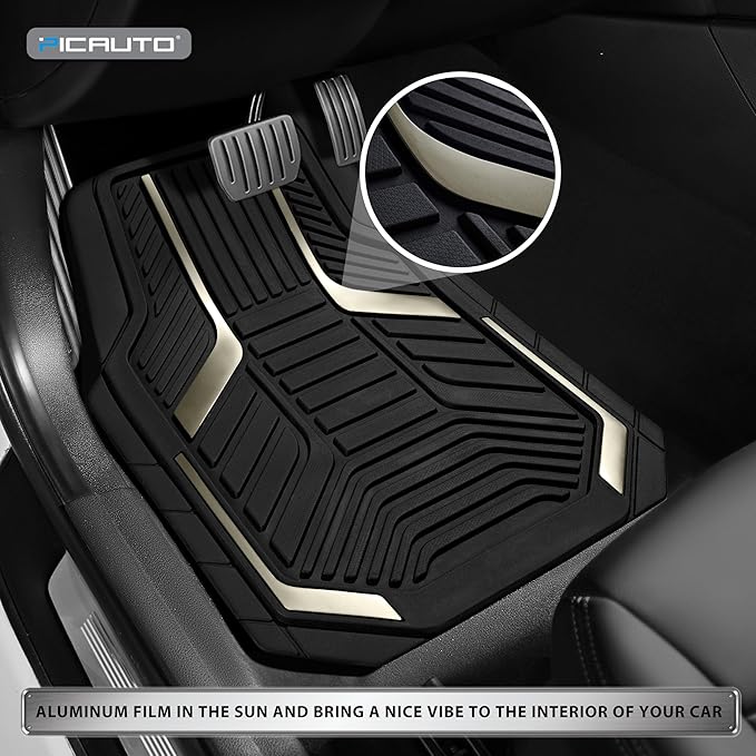 PIC AUTO Heavy Duty Rubber Floor Mats, Gray Aluminum Film Car Mats Set, Front and Rear Car Mats with Anti-Slip Backing, All Weather Protection, Trim-to-Fit for Automotive SUV, Sedan, Van