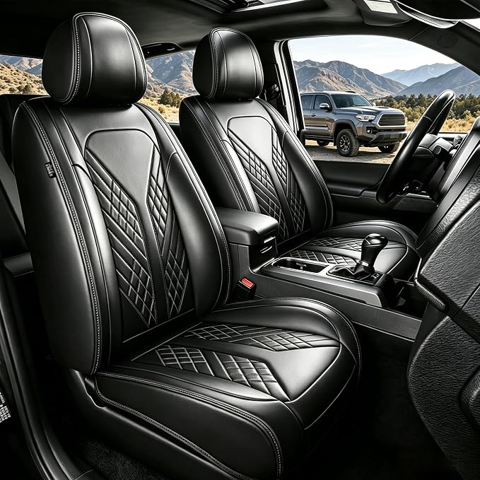 Seat Covers Full Set Compatible with 2024 2025 2026 Toyota Tacoma Double Crew Cab Waterproof Leather Seat Protectors Custom Fit for Trucks (Black)
