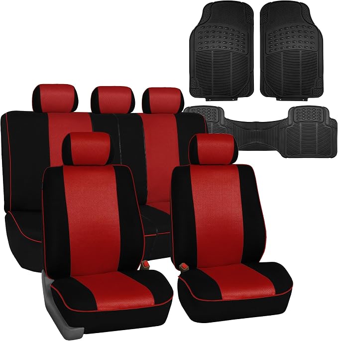 FH Group Automotive Seat Covers Edgy Piping Seat Covers Full Red Set Interior Accessories,Universal Fit Combo Vinyl Floor Mats Seat Covers Car for Cars and Vans Airbag and Split Rear Automotive