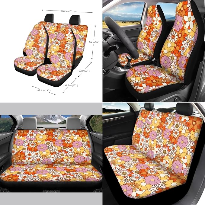 Car Seat Covers 13PCS Car Accessories Steering Wheel Covers+Seat Belt Pads+Coaster+Key Ring+Lipstick Holder Auto Interior Decor,Black, Vibrant Hippie Floral Print