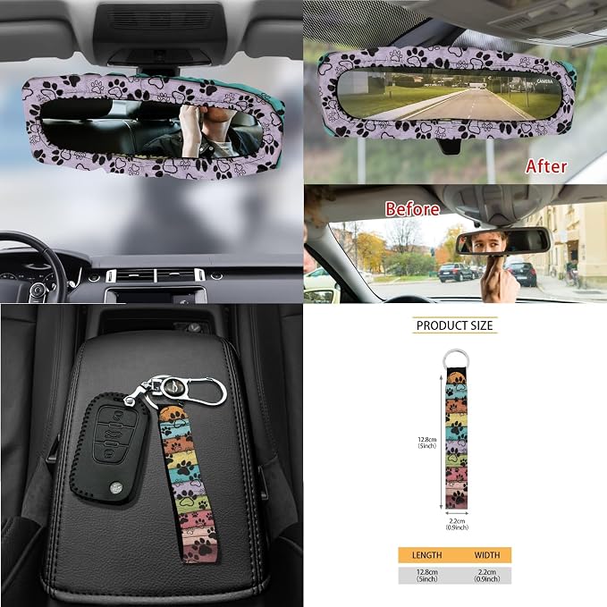 Paws Wood Print Car Accessories Set of 15 Car Front Back Seat Covers Steering Wheel Cover Seatbelt Strap Pad Air Vent Storage Holder Trash Cans Rearview Mirror Cover Coasters Keychain