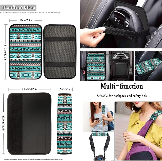 Dreaweet Aztec Car Seat Covers Full Set Native American Dreamcatcher and Horse Seat Covers with Steering Wheel Cover,Armrest Pads,Seat Belt Pads,Coasters,Gear Shift & Handbrake Cover,Universal Fit