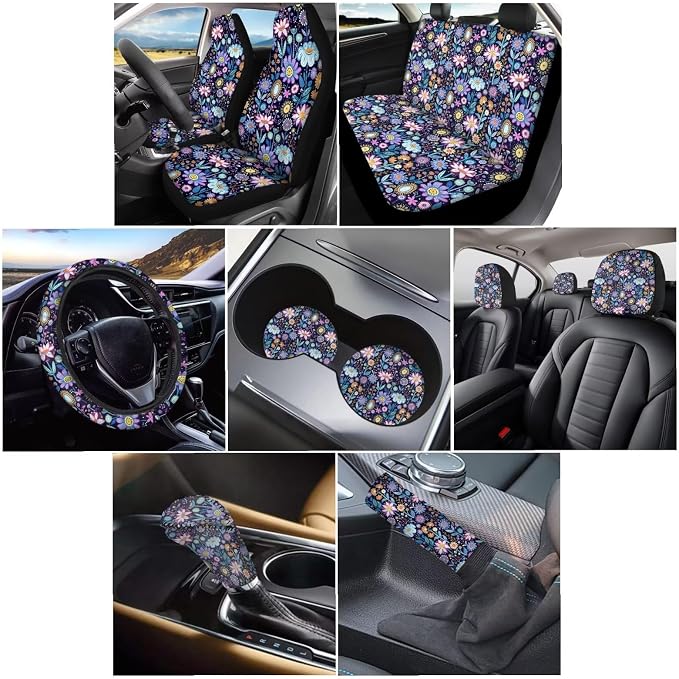 Wanyint Hippie Flower Lotus Blue Purple Car Seat Cover Full Set, Soft Car Seat Protector with Steering Wheel Cover Shift Knob Handbrake Cover Coasters Headrest Cover Universal Fit Most Cars