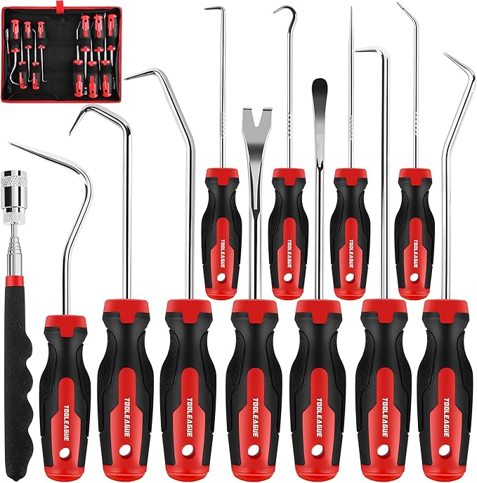TOOLEAGUE 12PCS Pick and Hook Set with Scraper and Magnetic Telescoping Tool Kit for Automotive and Electronic Hand Tools Car Auto Oil Seal/O-Ring Seal Gasket Hand Pick Up Tools
