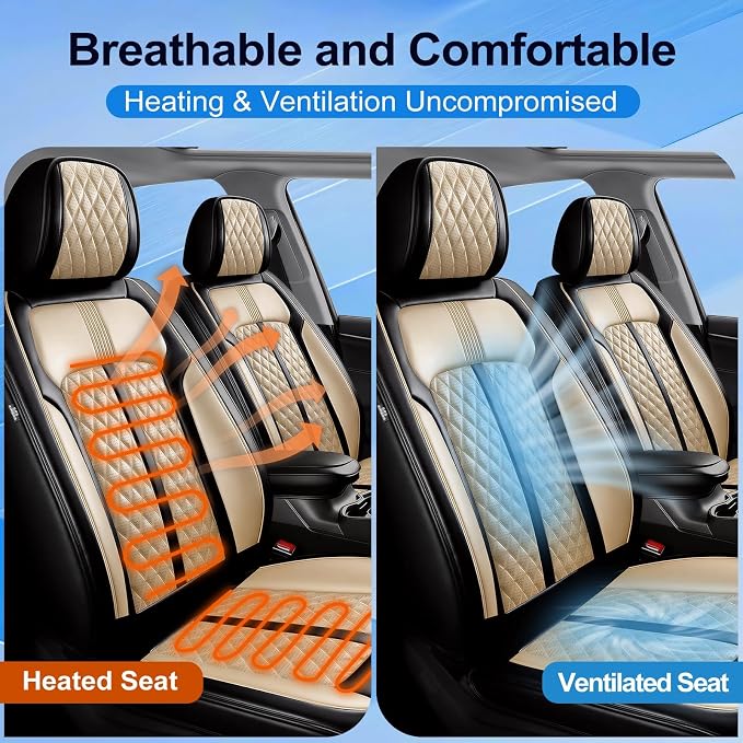 Fit Envision Car Seat Covers for Select Buick Envision 2016-2026 - Premium Full Coverage Leather, Airbag Compatible, Waterproof & All Weather Seat Cushion Protector, Full Set, Black+Beige