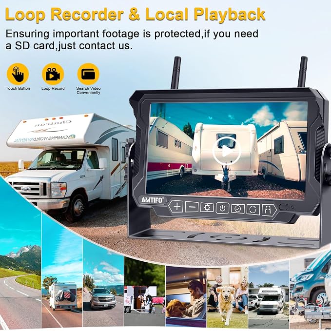 AMTIFO Wireless RV Backup Camera System - 2 HD 1080P Cameras with 7" Split-Screen Monitor,Compatible with Furrion Pre-Wired RVs,Loop Recording,Night Vision,Easy Install for Trailers Campers Trucks