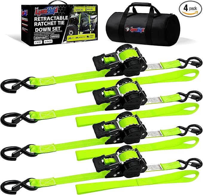 Retractable Ratchet Straps (4-Pack) - Heavy Duty Auto Slow Retraction Tie Down Straps - 1 Inch x 13 Feet (1,800lb Break Strength) for Truck, Cargo Trailer, Motorcycle, ATV, UTV - Fluorescent Green