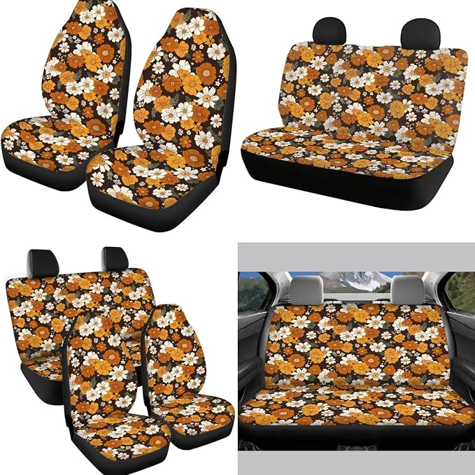 Retro Hippie Flower Seat Covers for Car 12pcs Daisy Sunflower Car Steering Wheel Cover Seatbelt Pads Armrest Pads Floral Coaster Keychain for Most Vehicle Interior Set Decorative