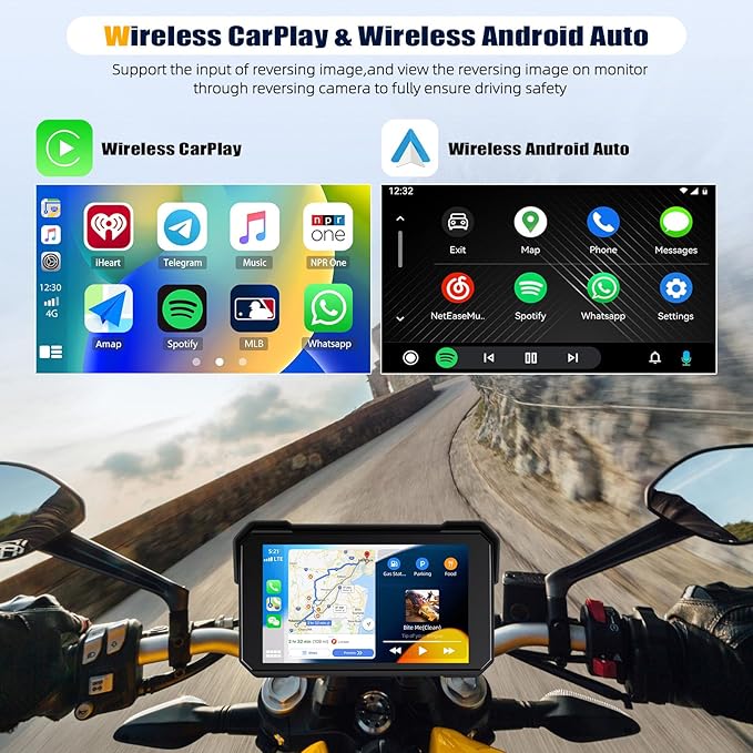 CarPlay Screen for Motorcycle,Portable Wireless Carplay/Android Auto for Motorcycle,5 inch IPS Waterproof Portable Radio GPS Display for Motorbike with Bluetooth,TF Port