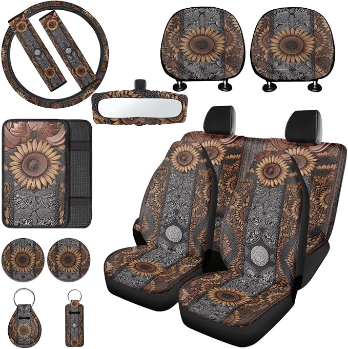 Sunflower Print Car Seat Cover Full Set with Steering Wheel Covers Auto Seat Belt Pads Auto Armrest Pad Car Rear View Mirror Protector Universal Fits, 15 Pack, Brown