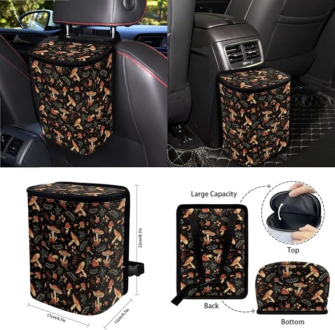 Cottagecore Mushrooms 15Pcs Car Seat Cover Full Set Car Steering Wheel Cover Seat Belt Cover Trash Bin Air Vent Storage Box Front Rear View Mirror Car Cup Holder Keychain