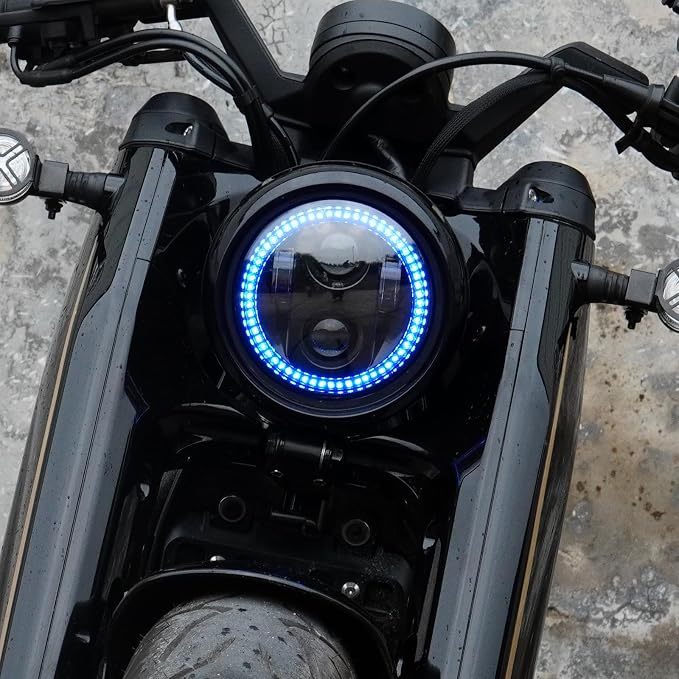 5.75inch 5-3/4 Black Motorcycle Headlight Smoked Blue Halo DRL for Indian Scout Dyna Wide Glide XL1200 XG750 883 48 Night Road Front Light