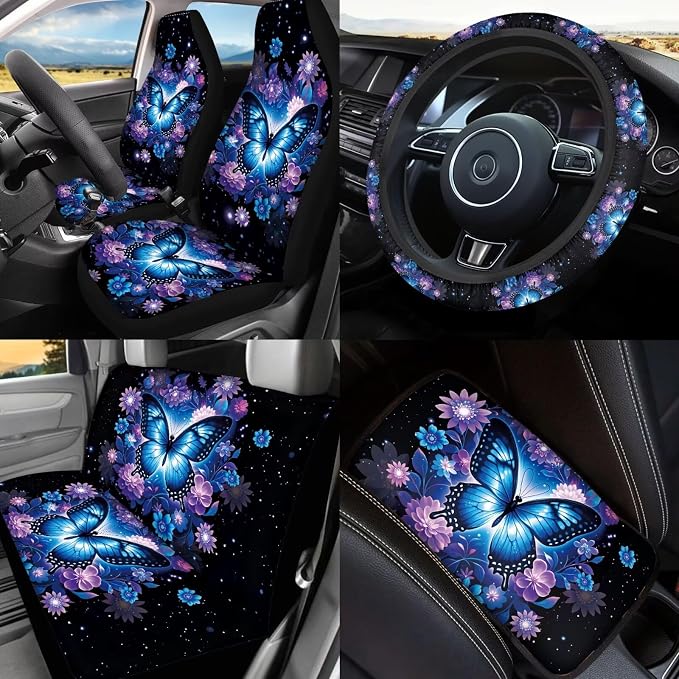 17 Pieces Blue Butterfly Car Seat Covers Sets Full Set with Front and Split Rear Bench Steering Wheel Cover,Butterflies Car Accessories for Women,Auto Seat Belt Cover,Car Headrest Cover