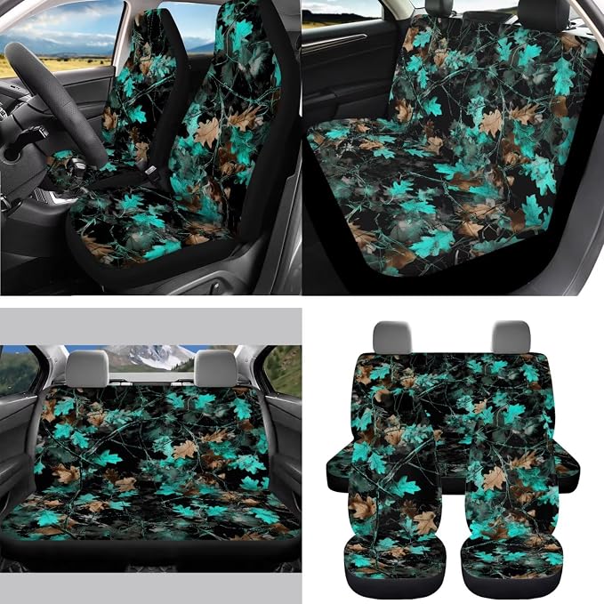 Blue Camo Maple Leaf Car Seat Covers Full Set 15 Pcs Universal Car Accessories Steering Wheel Cover Seat Belt Pads Garbage Bag Car Headrest Pillow Covers Armrest Pad