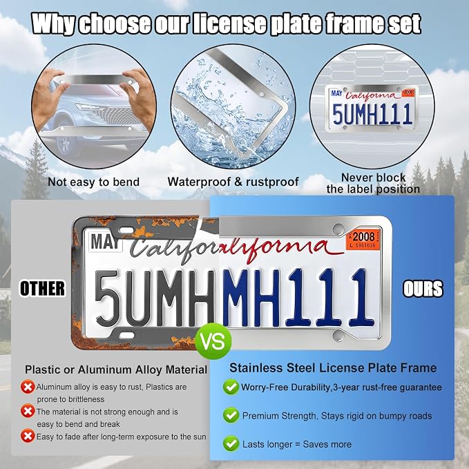 Rugged Stainless Steel License Plate Frame 2 Pack, Resistant Rustproof Car Tag Holder with Anti-Theft Screw Caps, Rattle-Proof Pads, Tire Valve Caps, Keychain & Cup Holder Mats, Car Accessories Set