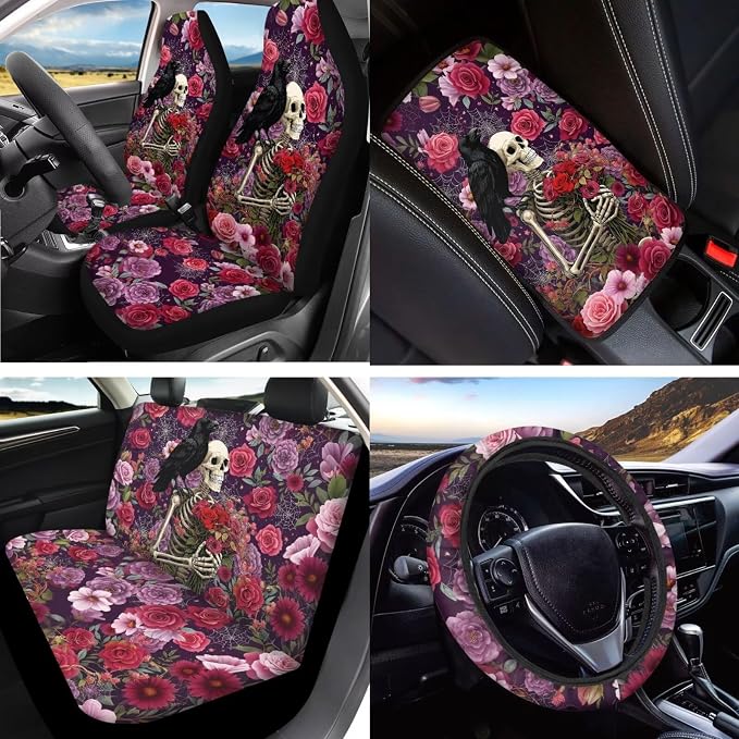 Skeleton Car Seat Covers Full Set Raven Rose Printed Car Interior Accessories Set Included Steering Wheel Cover Seat Belt Pad Armrest Protector Coaster for Auto, Purple