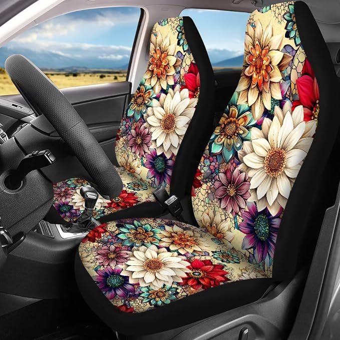 Hippie Lotus Car Seat Covers Full Sets with Front and Split Rear Bench Steering Wheel Cover Car Floor Mats Set of 4 Mandala Lotus Car Accessories Set 17 Pcs Universal Fit for Most Car SUV