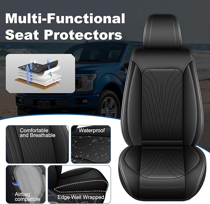 Truck Seat Covers Front Set Custom Fit for 2009-2026 Ford F150 & 2017-2026 F250/F350/F450 Super Duty Waterproof Leather Seat Protectors (Black)