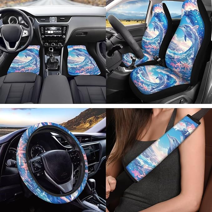 Spray Dolphin Car Interior Accessories Set of 18, Car Seat Covers Full Set with Steering Wheel Cover Floor Mats Armrest Pad Seat Belt Pads Roof Handle Wraps Cup Coaster Keychain