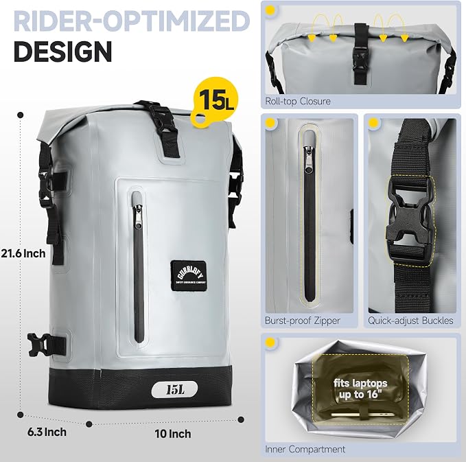 Motorcycle Tail Bag, 15L Waterproof Motorcycle Saddle Bag | 2 Size and 3 Color Options Luggage Bag, PVC Travel Bag, Rear Seat Bag, Stone Grey GT-15GRY