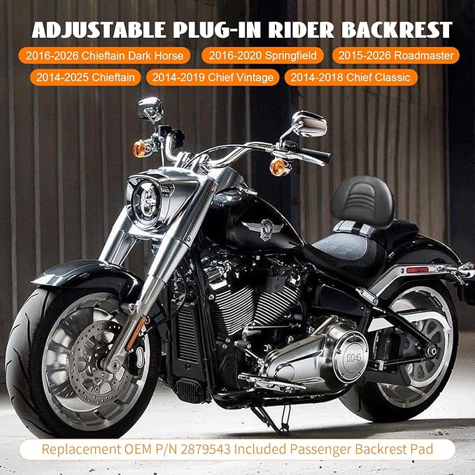 Adjustable Front Driver Rider Backrest Pad Plug-In Back Rest With Pocket Mounting Kit Compatible With Indian Chief Chieftain Roadmaster Springfield 2014-2025(Not for Indian Chieftain PowerPlus)