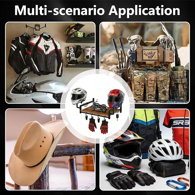 Helmet Rack Wall Mount,Solid Wood Motorcycle Helmet Rack with 4 Hooks & 4 Clips,Universal Wall Mount for Helmets, Gear, Clothes,Motorcycle Accessories