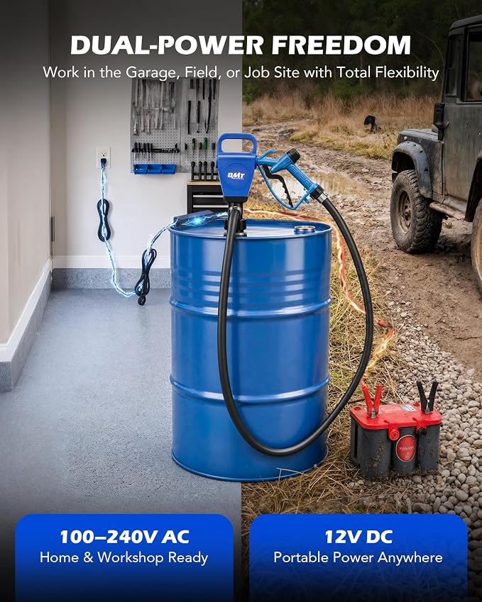 Orion Motor Tech Electric Drum Barrel Pump, 7 GPM Dual Power AC 100–240V & 12V DC Drum Pump for 55 Gallon Drums & 275 Gallon IBC Totes, Fuel Transfer Pump for Diesel DEF Water Antifreeze