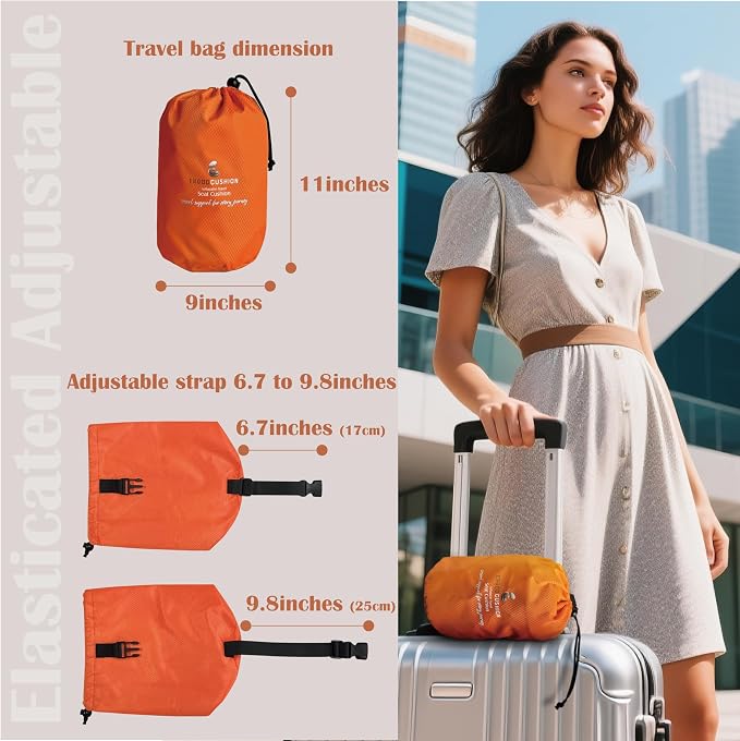 Inflatable Travel Seat Cushion with Built‑in Manual Pump, Adjustable Firmness & Compact Storage –Firm Support for Airplane, Car & Office Chairs, Large Generous Fit 18x16x2.1", Carry Bag Included