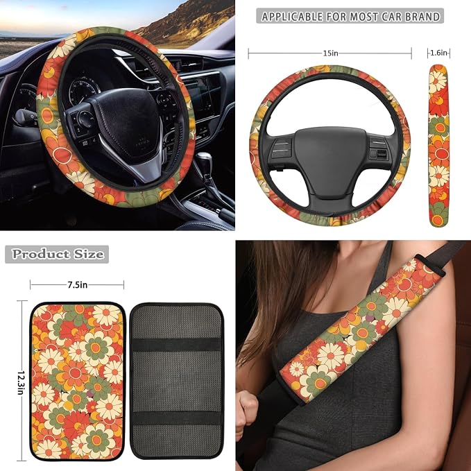 12 Pcs Beauty Hippie Floral Car Seat Cover Sets for Women Rainbow Boho Groovy Flowers Auto Steering Wheel Cover Seatbelt Pads+Daisy Cup Coasters+Keychains,Retro 70S Car Interior Set
