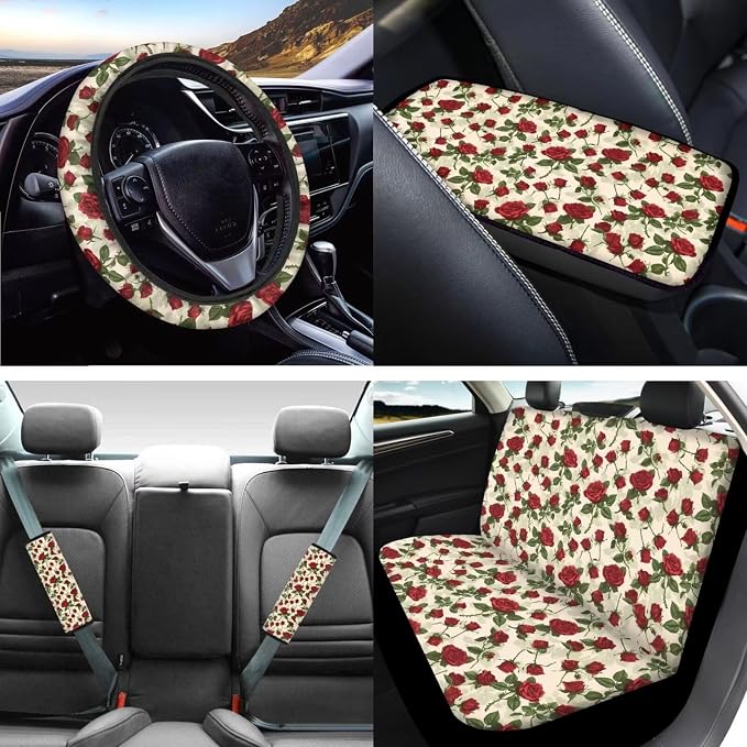 Mumeson Red Flowers Car Seat Covers Full Set with Steering Wheel Cover + Safety Seat Belt Pads + Armrest Cushion Pad Set Auto Accessories for Womens Mens Universal Fit
