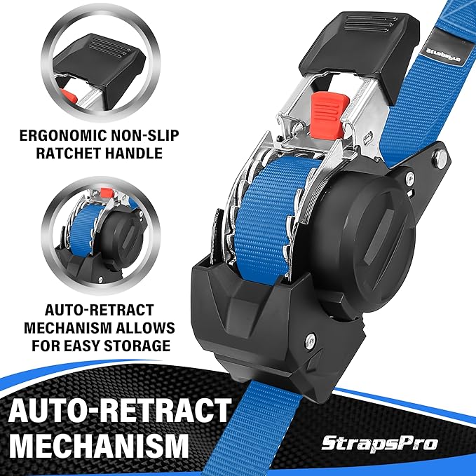 Retractable Ratchet Straps, 1763lb Break Strength Blue Self Retracting Ratchet Straps Heavy Duty with Soft Loops, 1'' x 10FT Auto Tie Down Straps Easy Retract for Motorcycle, Truck, Cargo, 4 Pack