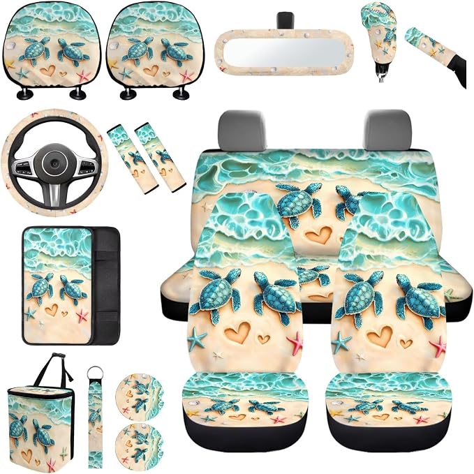 Sea Turtle Car Seat Covers Set Full Set with Rear View Mirror Cover,Green Sea Turtle Car Aaccessories of 17 Pcs,Universal Auto Interior Decor with Head Rest Covers,Car Trash Can for Women Man