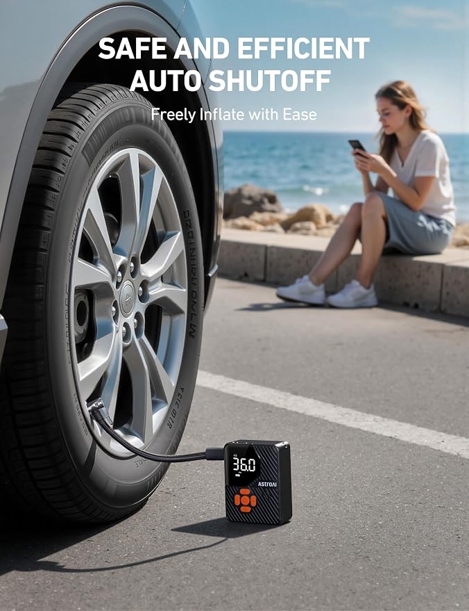 AstroAI 150 PSI Tire Inflator Portable Air Compressor L7 Mini | Fast Inflation, Cordless, Air Pump with LED Light &Pressure Gauge, Auto Shut-Off, for Cars, Motorcycle, Bicycle, Ball, Orange