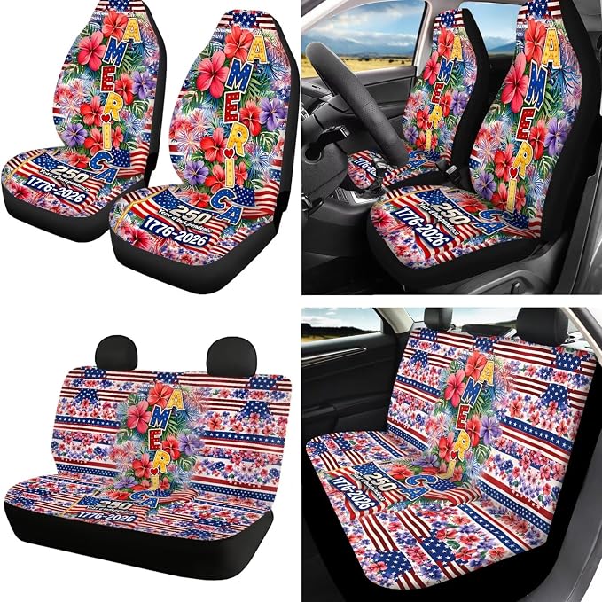 Hibiscus Print Car Seat Covers Set of 18 American Flag Print Car Front Rear Seat Covers with Steering Wheel Cover Safety Belt Pad Armrest Cushion 250 Years Interior Decor for Cars