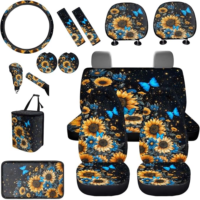 BIGCARJOB 15 Pcs Blue Butterfly Car Interior Sets for Women Car Seat Cover Sunflower Print Vehicle Bucket Seat Cover Full Set Trash Can Car Seat Headrest Pillow Cover Seat Belt Pads