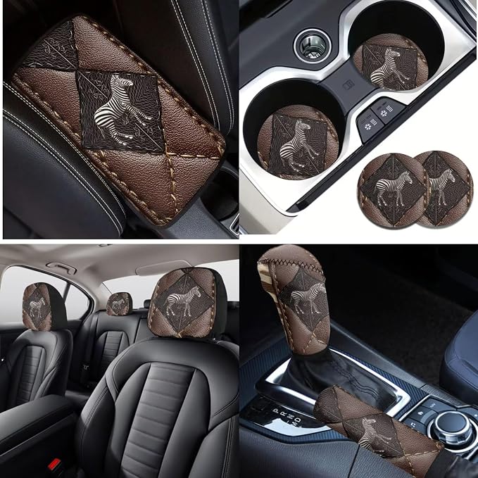 Lotusorchid Zebra Print Car Seat Covers Full Set, Non-Slip Automotive Rear Front Seat Protector, Soft Headrest Cover and Armrest Cover for Car, Auto Interior Decoration
