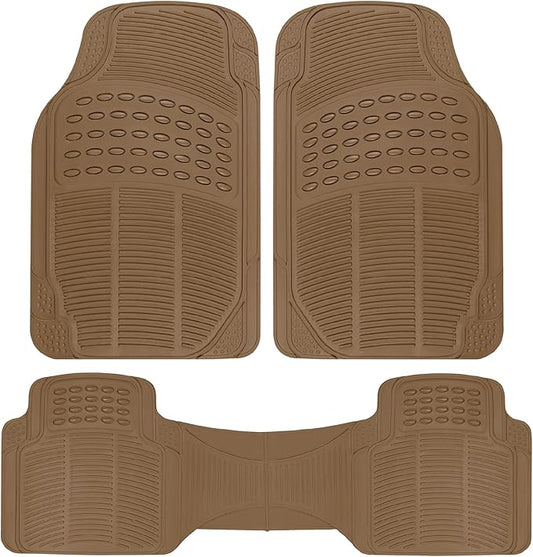 BDK ProLiner Car Floor Mats for Cars Trucks SUV, 3-Piece All-Weather Heavy Duty Rubber Liners with Universal Trimmable Fit, Durable Waterproof Vehicle Auto Floor Mats with Capture Ridges Biege