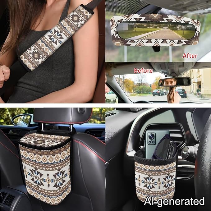Dreaweet Aztec Car Seat Covers Full Set Native American Tribal Geometric Pattern Seat Covers with Steering Wheel Covers Seat Belt Pads Coaster Trash Can Air Vent Holder Rear View Mirror Cover Keychain