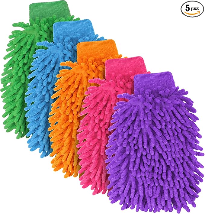 BBTO 5 Pack Car Wash Mitts Scratch Free Premium Chenille Microfiber Mitts 6" x 9" Double Sided Lint-Free Car Wash Gloves for Trucks, SUVs, Motorcycles, and More