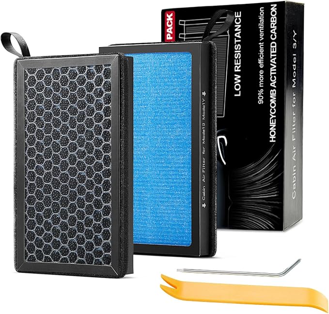 for Tesla Model 3/Y Cabin Air Filter, 2 Pack 4-Layer HEPA 99.5% Filtration, Exact Fit 2016-2026 Model 3/2020-2026 Model Y, Humidity-Resistant & Durable with Removal Tool