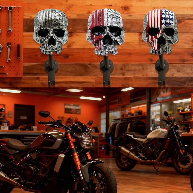 Motorcycle Helmet Rack Wall Mount,Red Skull Helmet Holder Wall Mount with 2 Hooks Helmet Hanger for Coats, Caps, Baseballs and Rugby Helmet,Motorcycle Accessories