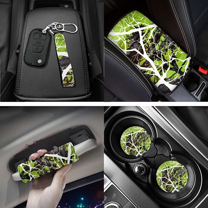 18 Pcs Green Branch Design Car Seat Covers Full Set Auto Interior Accessories with Steering Wheel Cover Floor Mats Armrest Cover Seat Belt Pads Roof Handle Wraps Cup Coaster Keychain