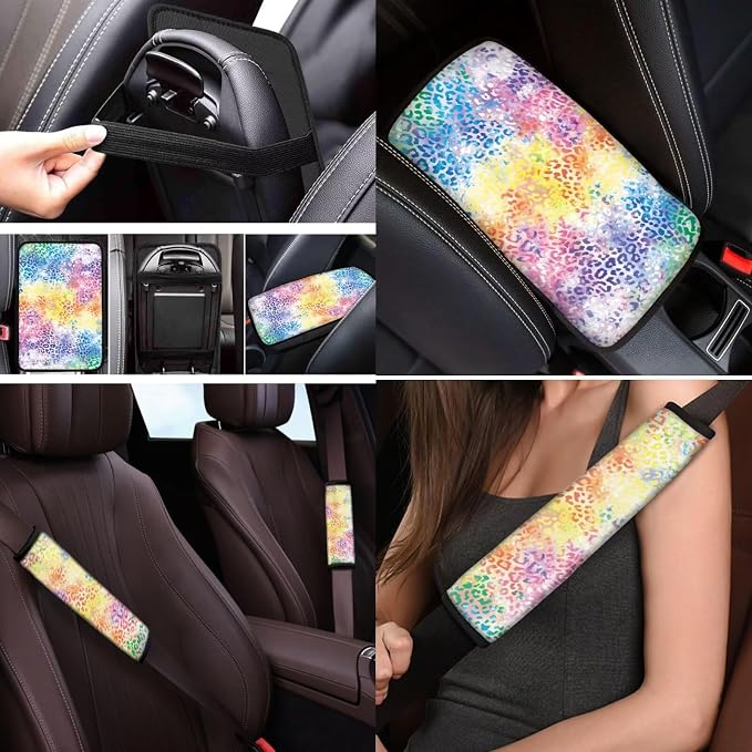 Mumeson Tie Dye Leopard 8 Pack Auto Accessories Set Music Note Car Seat Covers Full Set with Seat Belt Pads Shoulder Cushion + Steering Wheel Cover + Armrest Cushion