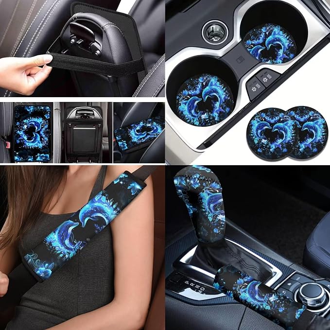 BIGCARJOB Neon Dolphin Print Car Seat Covers Full Set for Front Rear Cute Dolphin Print Armrest Cover Center Console Pads Universal Car Interior Accessories with Steering Wheel Cover 12 Pcs Set